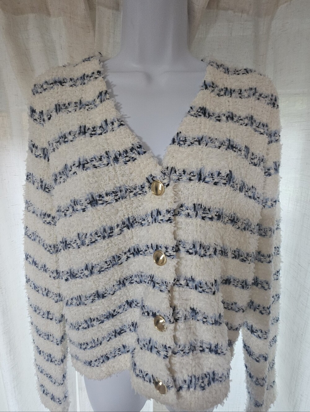 Ann Taylor White & Navy Striped V-Neck Cardigan